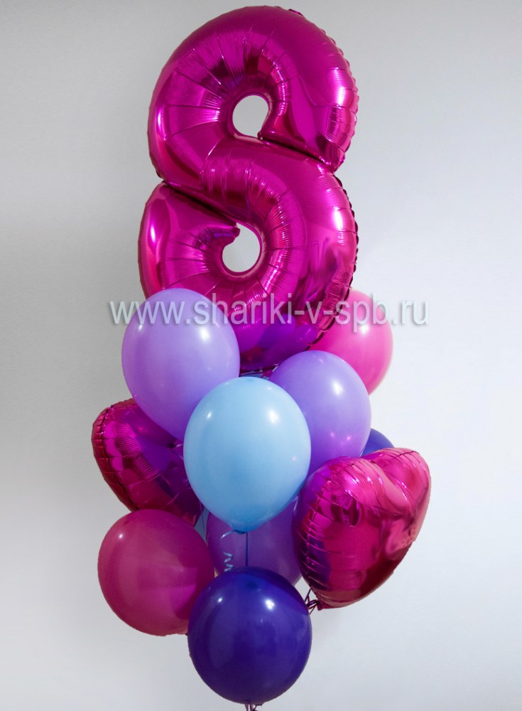 шарики в розовых и фиолетовых тонах с цифрой фуксия